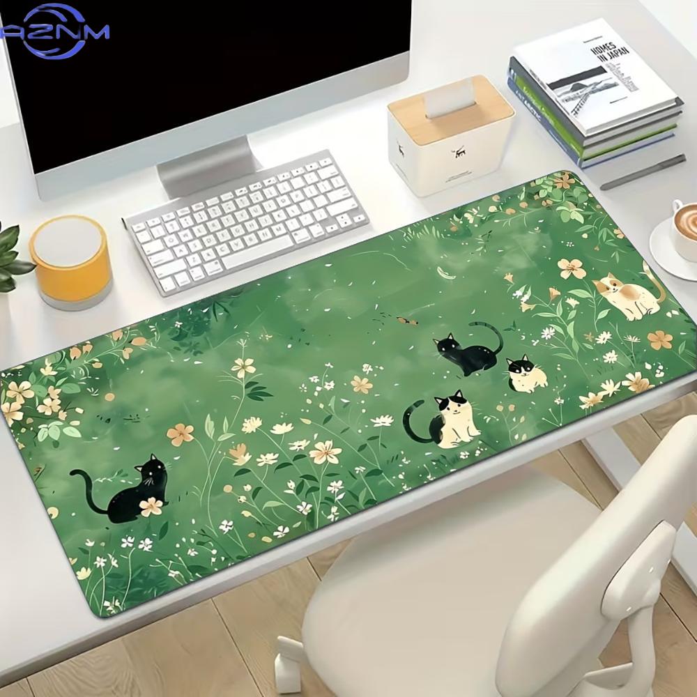 Desk Setup Gaming And Work - Bloemig Schattig Katten Groot Gaming Muismat