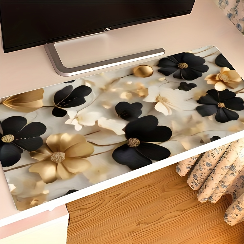 Desk Setup Gaming And Work - Zwarte en gouden bloemenprint grote bureaumat