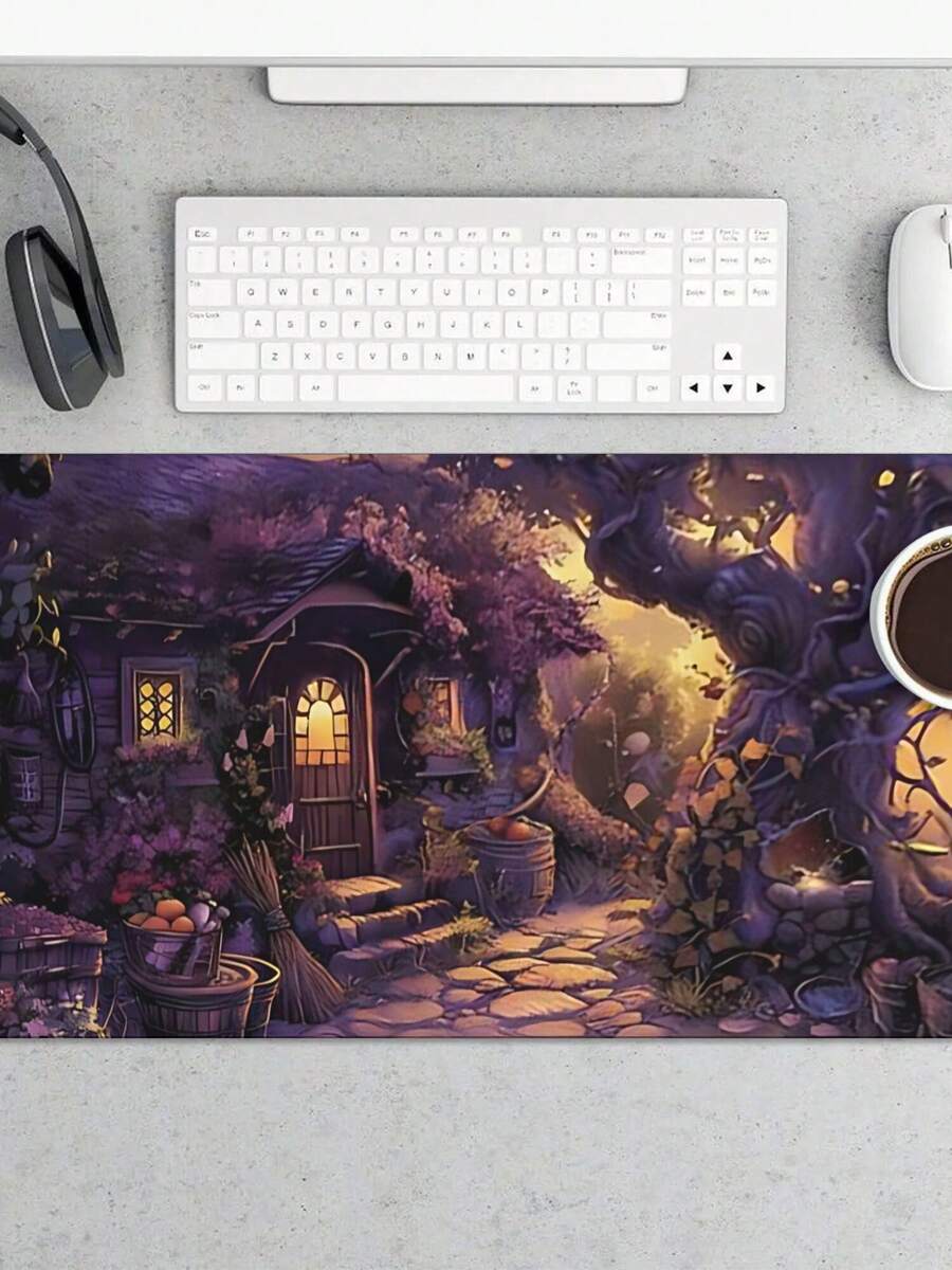 Desk Setup Gaming And Work - Grote gaming-muismat met fantasy-cottage-design, antislip rubberen