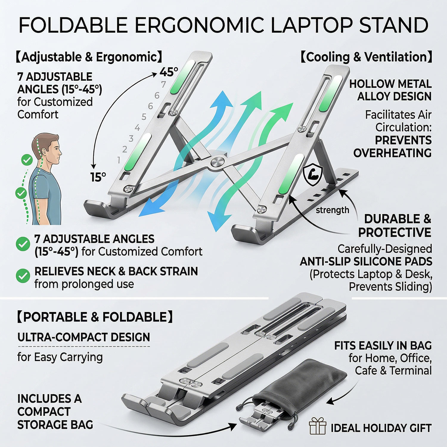 Desk Setup Macbook - Metalen draagbare opvouwbare laptopstandaard, verstelbare notebookhouder,