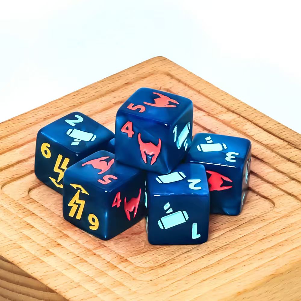 6 blauwgroene heldendobbelsten - Desk Setup Game recensie en prijs